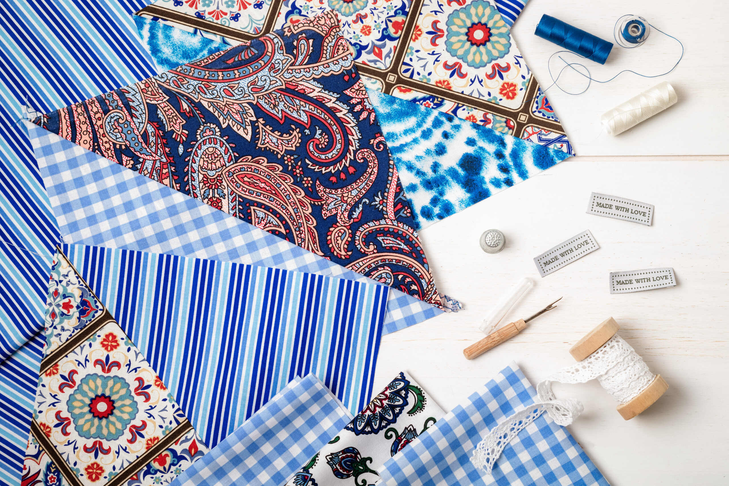 Sewing supplies and accessories for needlework. Craft hobby background. Recomforting, destressing hobby