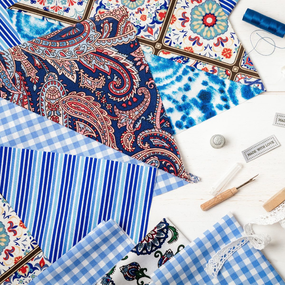 Sewing supplies and accessories for needlework. Craft hobby background. Recomforting, destressing hobby